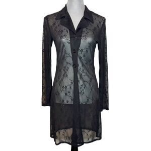 Vintage Sheer Black Floral Mesh Sparkle Duster Top with Bell Sleeves | XS/S